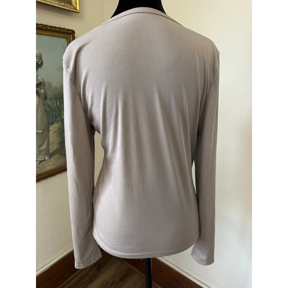 IMEXN Ribbed Long Sleeve Top Beige Neutral Stretch Knit Size Large - Picture 2 of 7